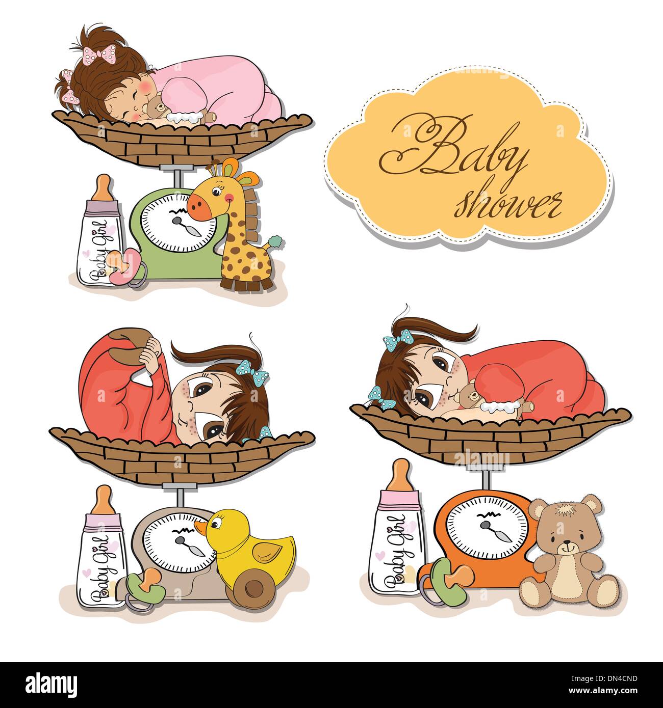 baby girl on on weighing scale, items set on white background Stock