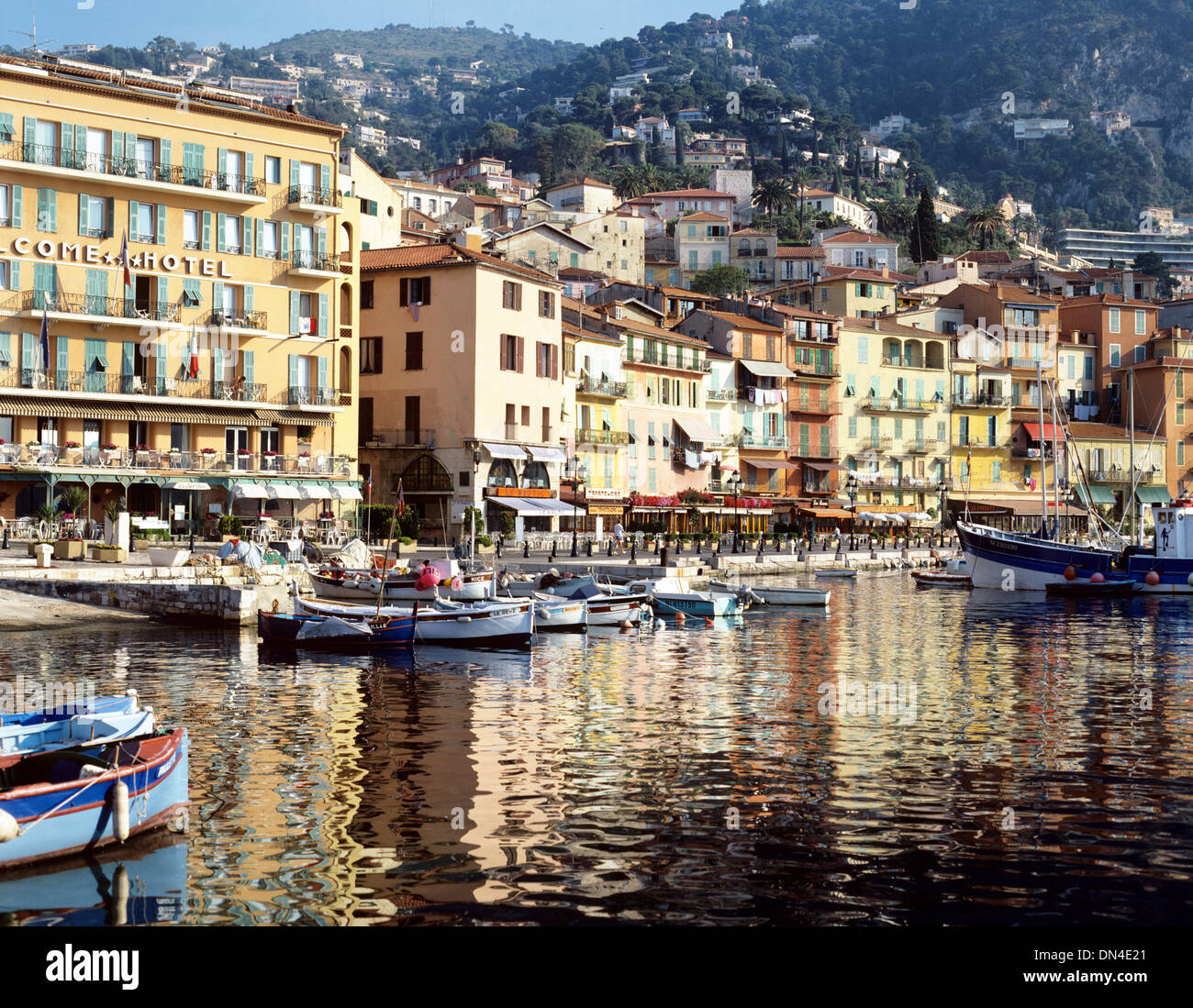 Colourful building facades on waterfront, Villefranche-sur-Mer, Alpes-Maritimes, France Stock Photo
