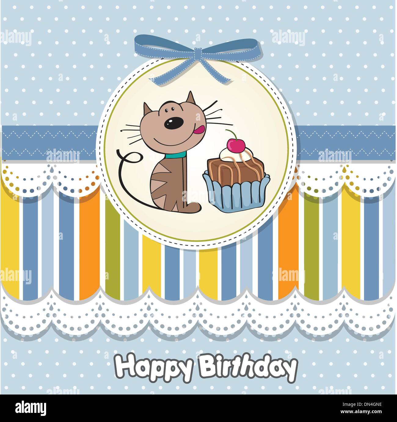 birthday greeting card with a cat waiting to eat a cake Stock Vector