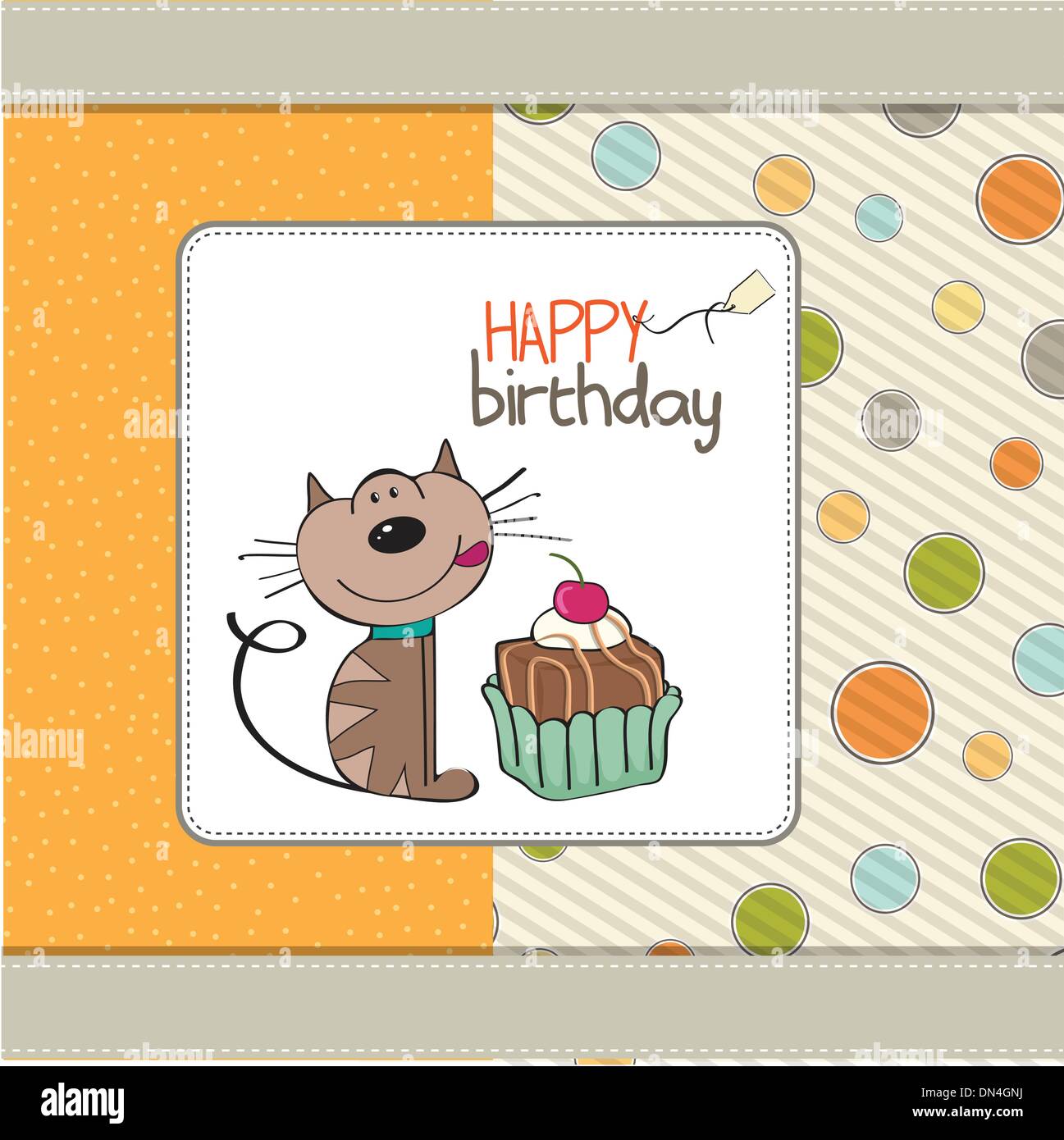 birthday greeting card with a cat waiting to eat a cake Stock Vector