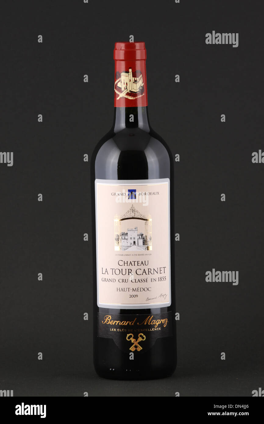 A bottle of French red wine, Chateau La Tour Carnet 2009, Grand Cru Classe, Haut-Medoc, Bordeaux, France Stock Photo