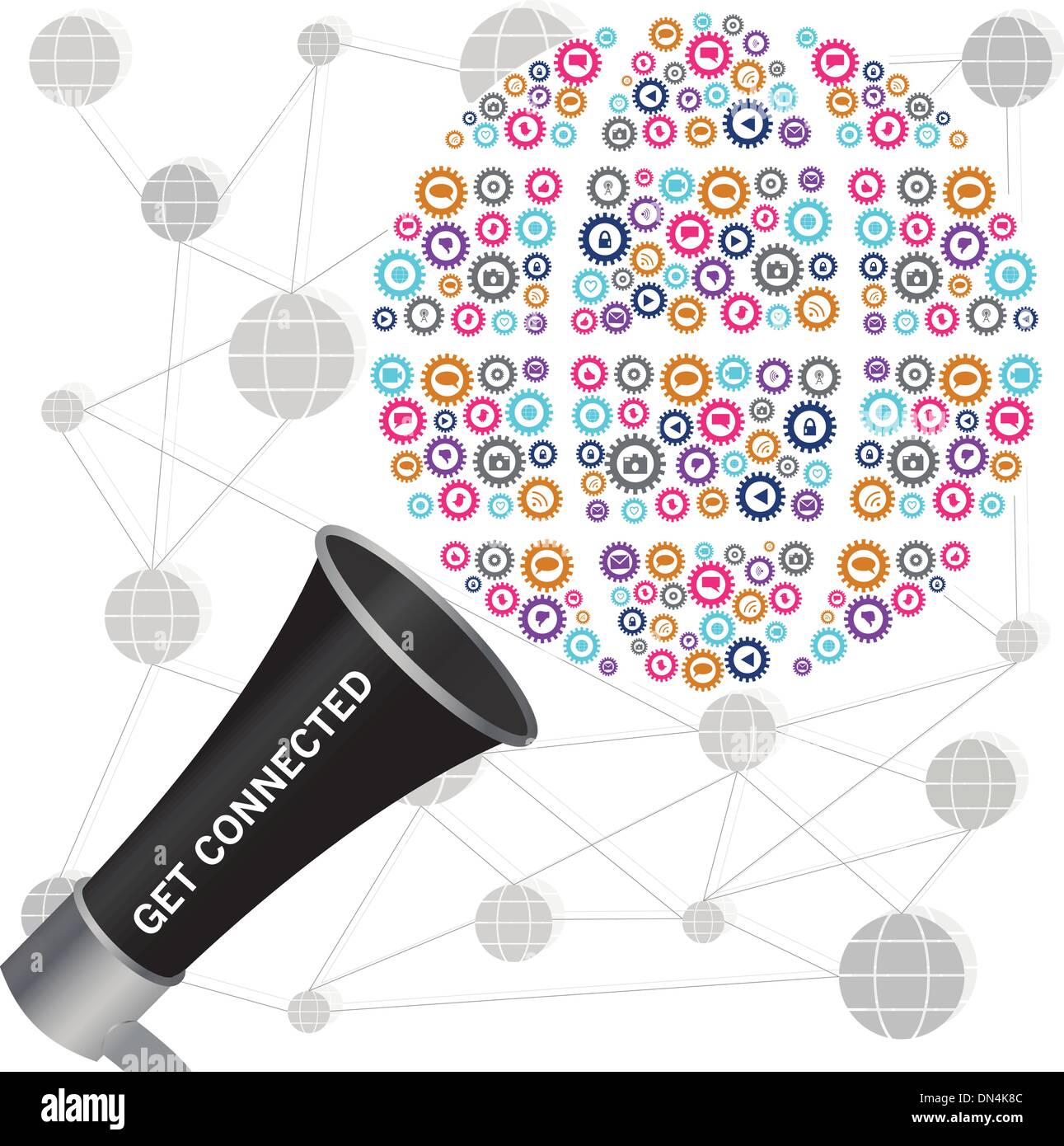 Get connected message transmitted by megafone showing a social t Stock Vector