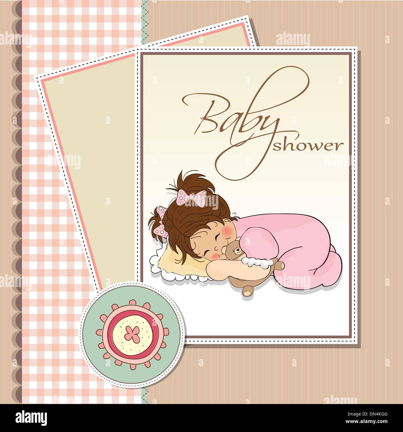 baby shower card with little baby girl play with her teddy bear Stock ...