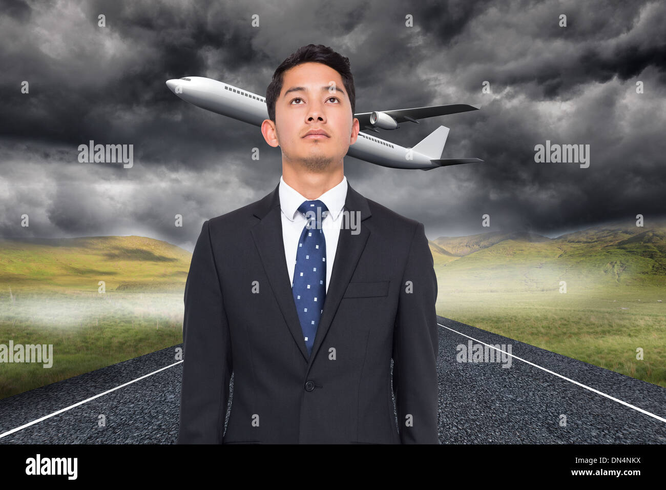 Composite image of 3d plane taking off over street Stock Photo