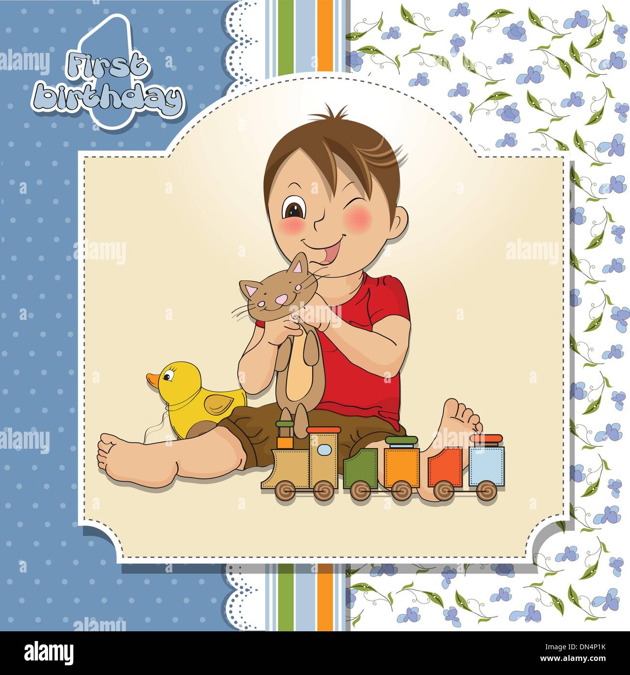 Happy little boy playing with toys, Stock vector