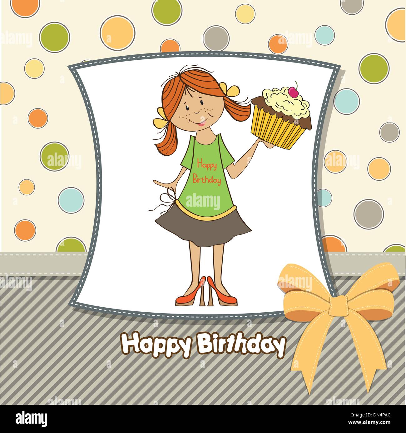 birthday greeting card with girl and big cupcake Stock Vector