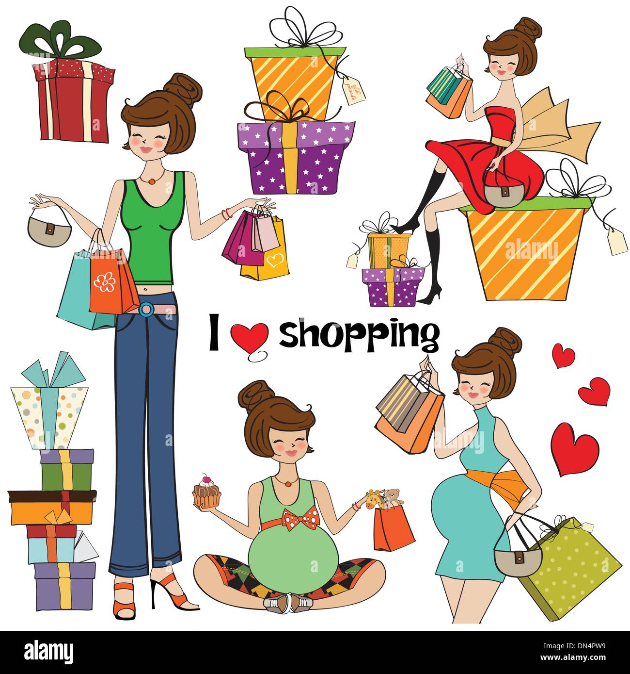 girls at shopping items set on white background Stock Vector