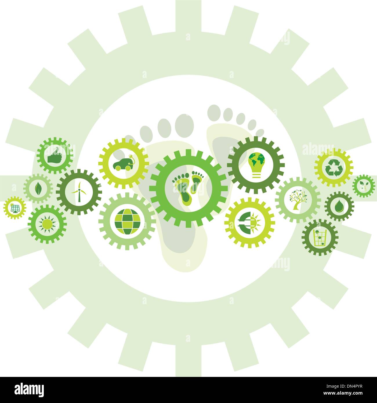 Chain of gear wheels filled with bio eco environmental icons and Stock Vector