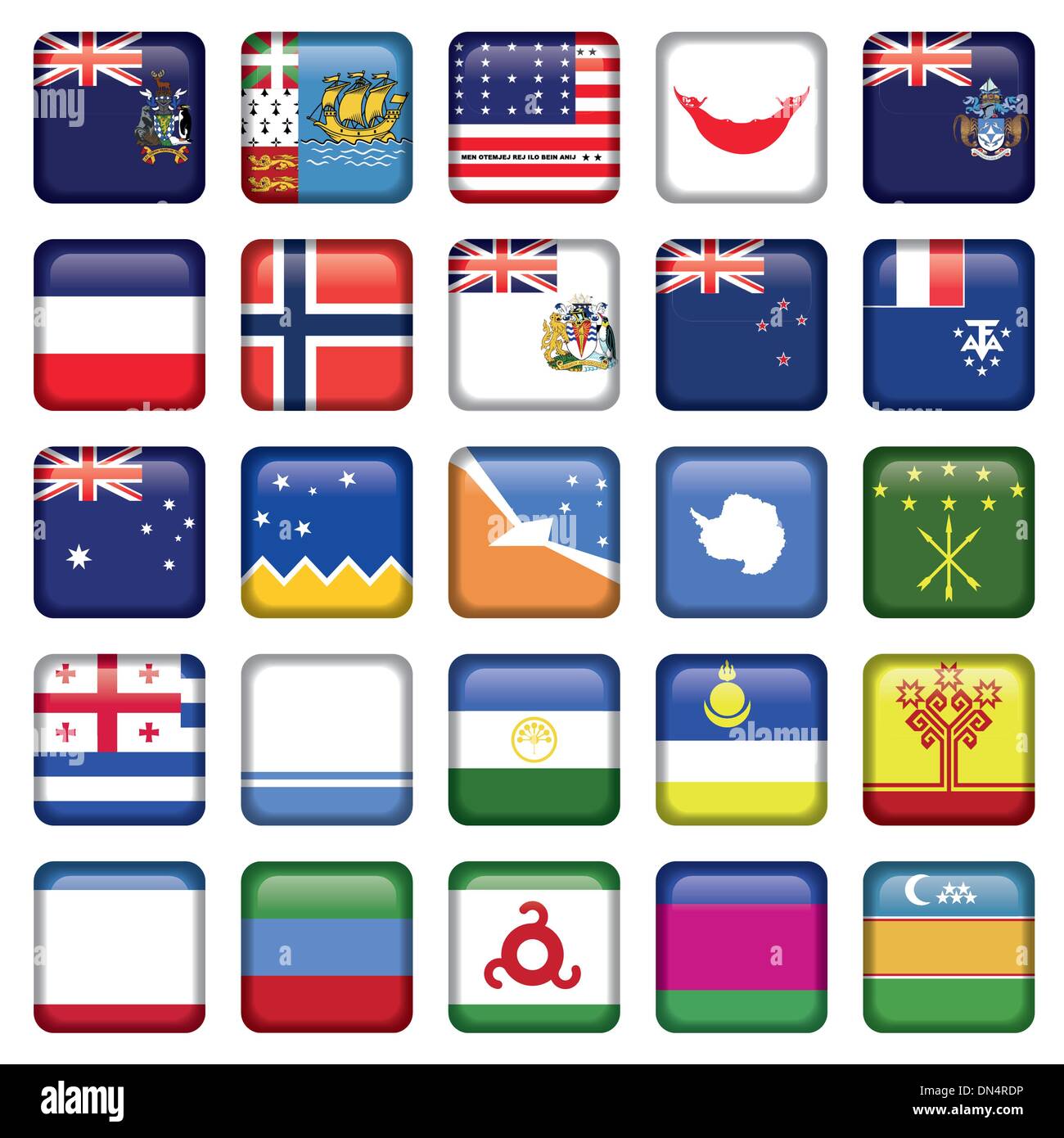 Antarctic and Russian Flags Square Buttons Stock Vector