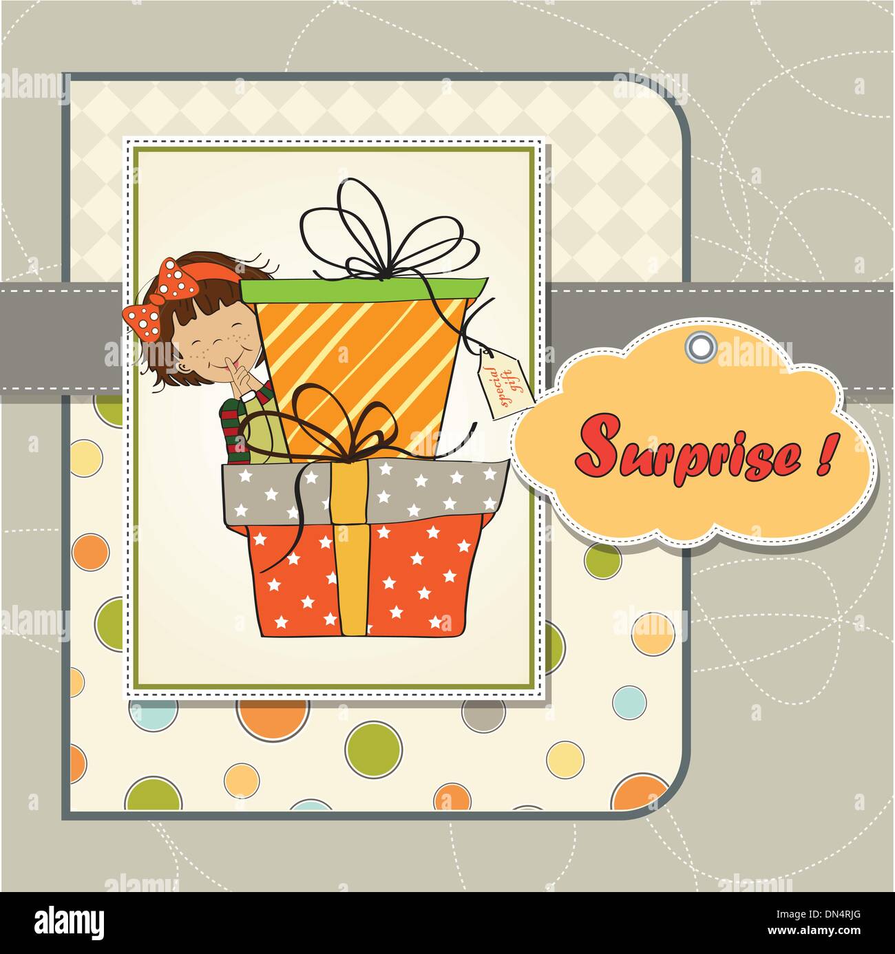 cute little girl hidden behind boxes of gifts. happy birthday gr Stock ...