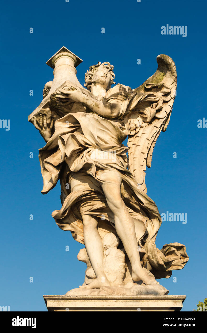 The Angel with the column, by Antonio Raggi. Sant'Angelo Bridge, Rome, Italy. Stock Photo