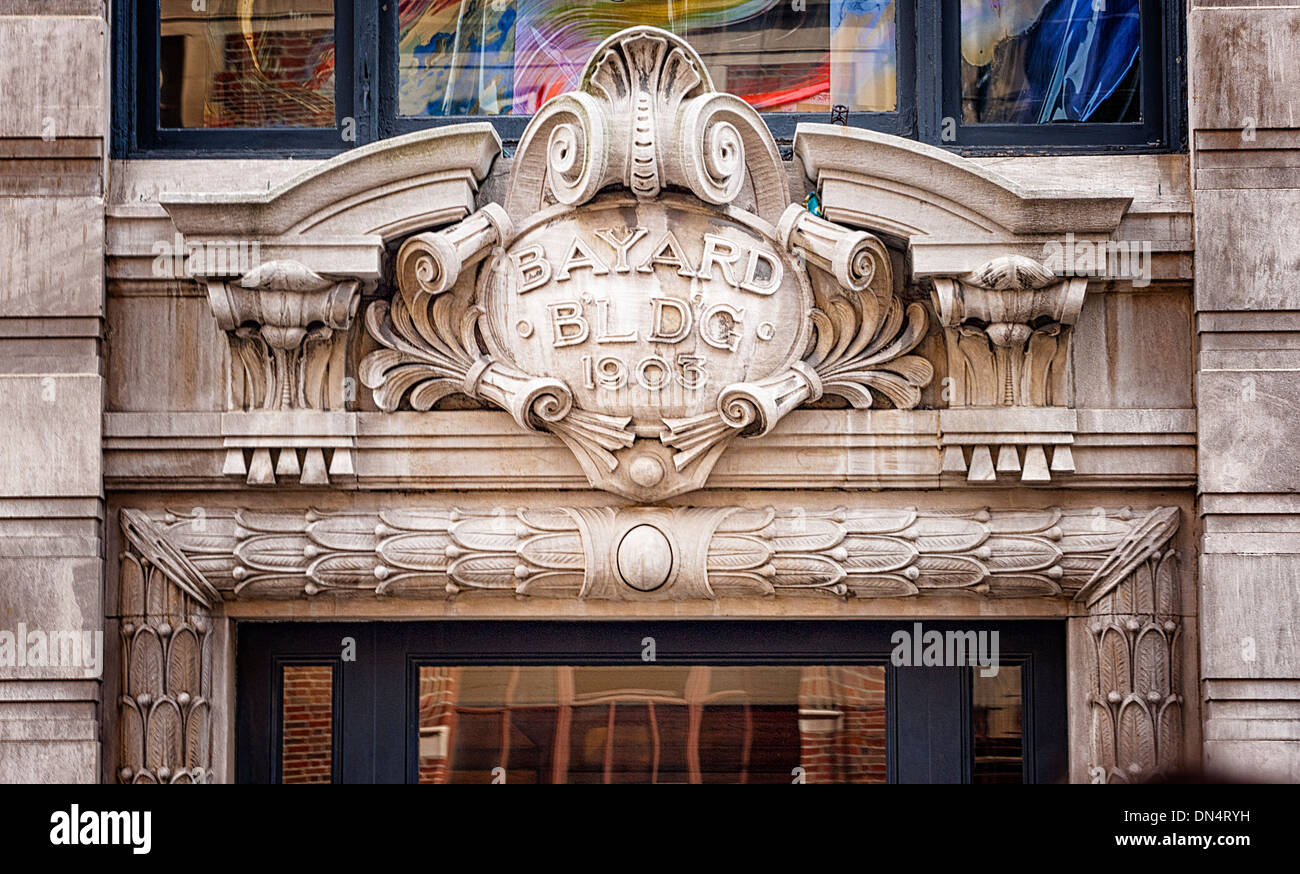 Architectural element Bayard Building, Historic building built 1897-1899, on Broadway, New York City, Architect Louis Sullivan Stock Photo