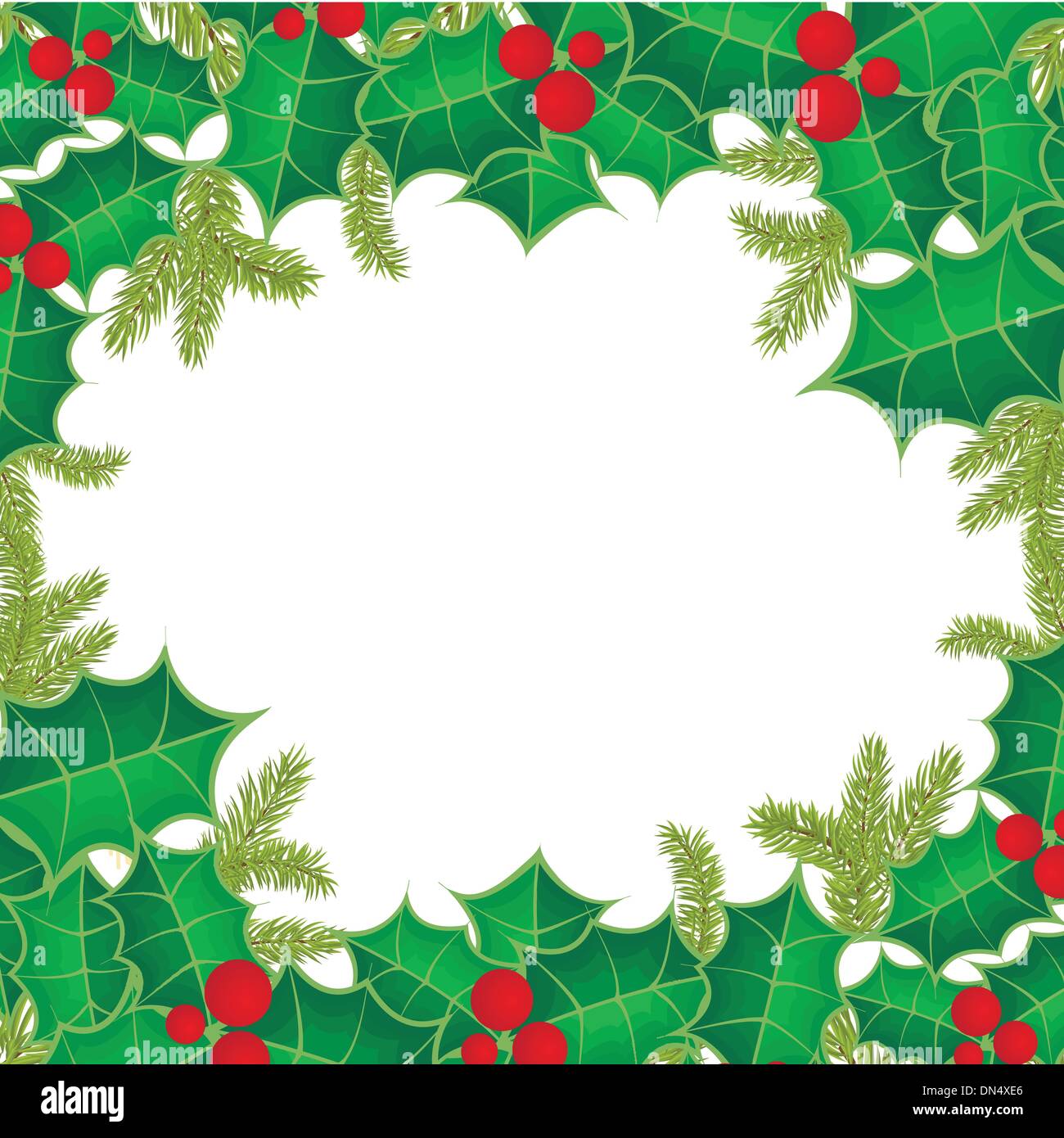 Christmas background with holly berry leaves on dark green background