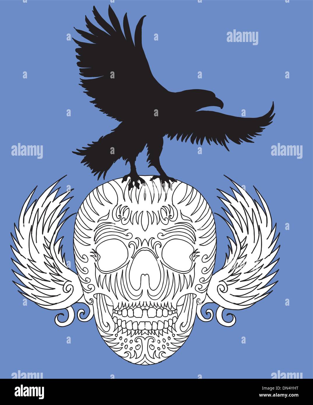 hand drawing skull and eagle vector art Stock Vector