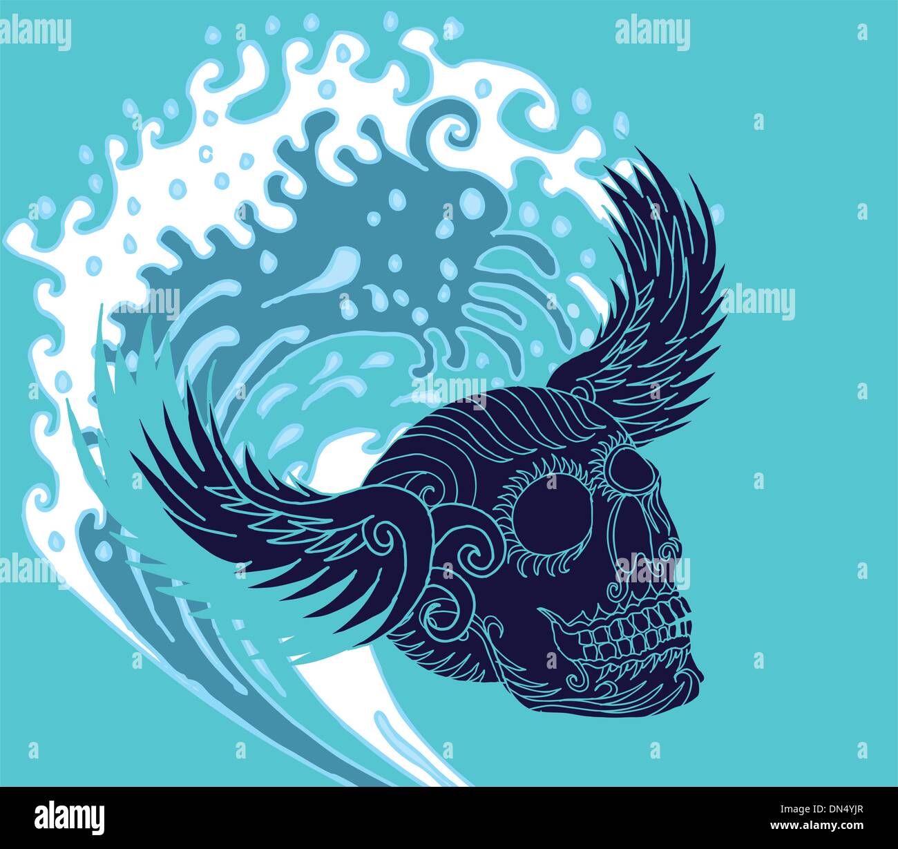 big wave tattoo skull and wings vector art Stock Vector