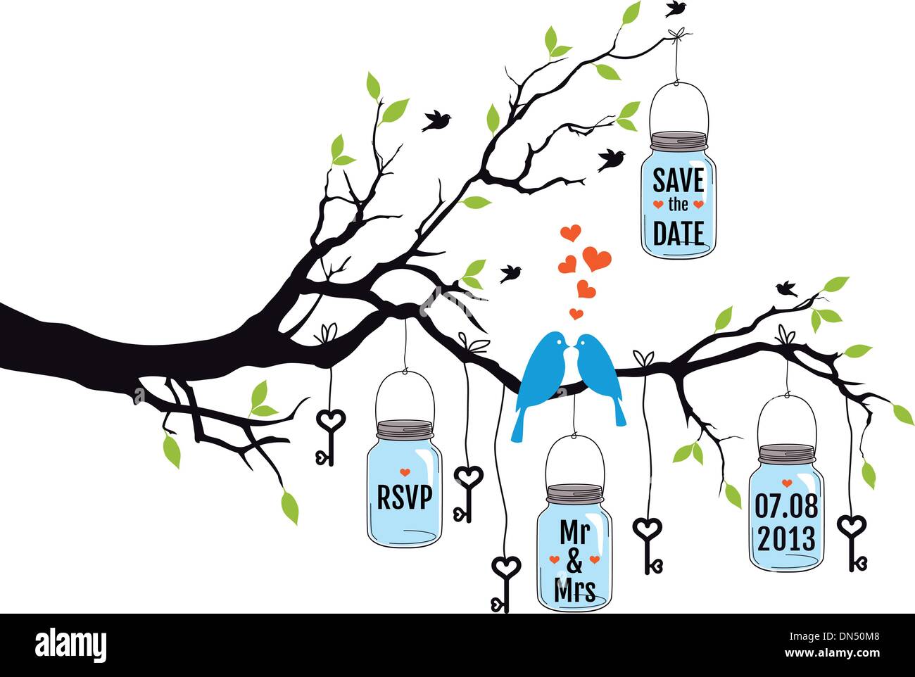 wedding invitation, birds on tree with jars, vector Stock Vector