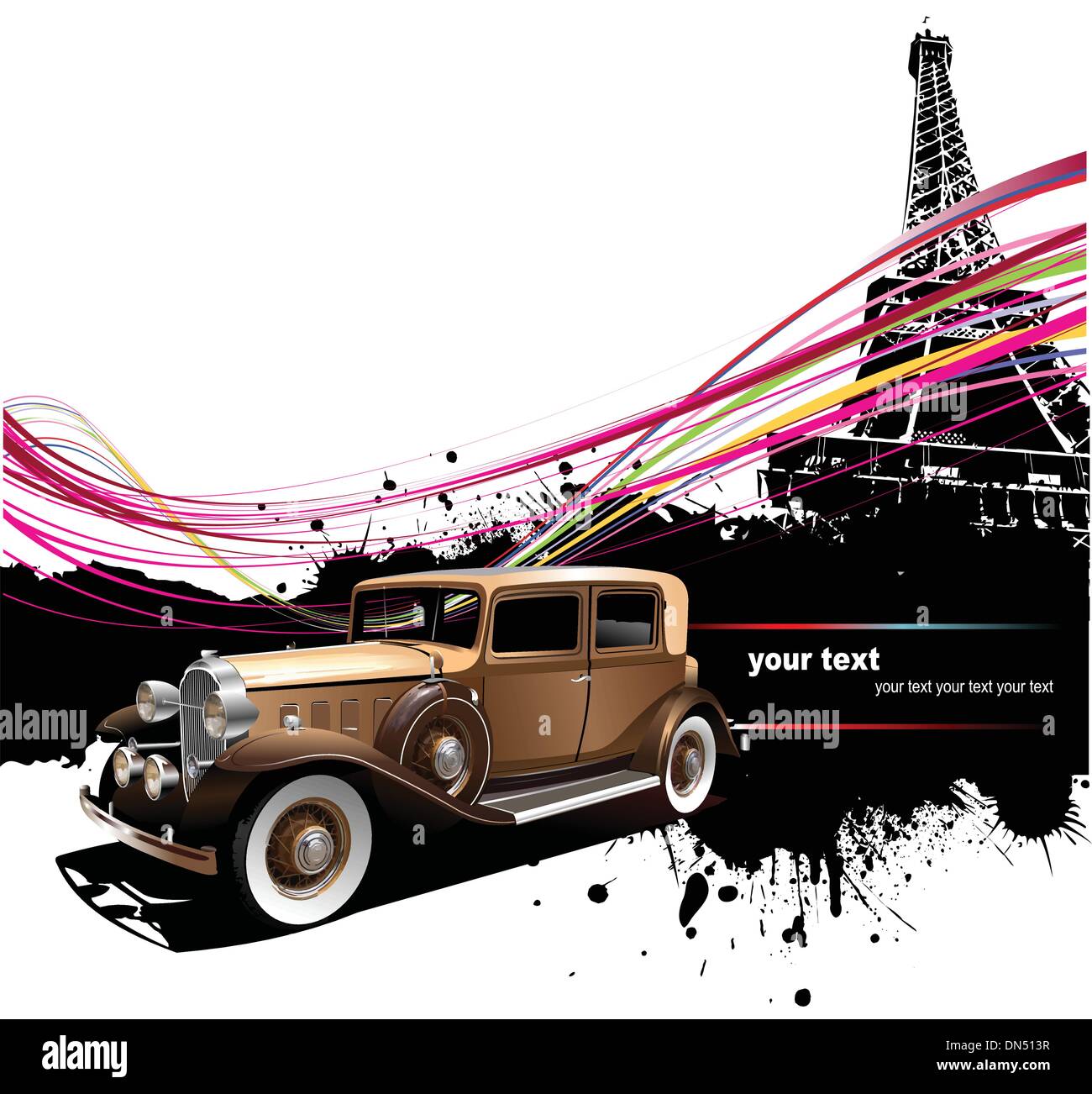 Old car with Paris image background. Vector illustration Stock Vector
