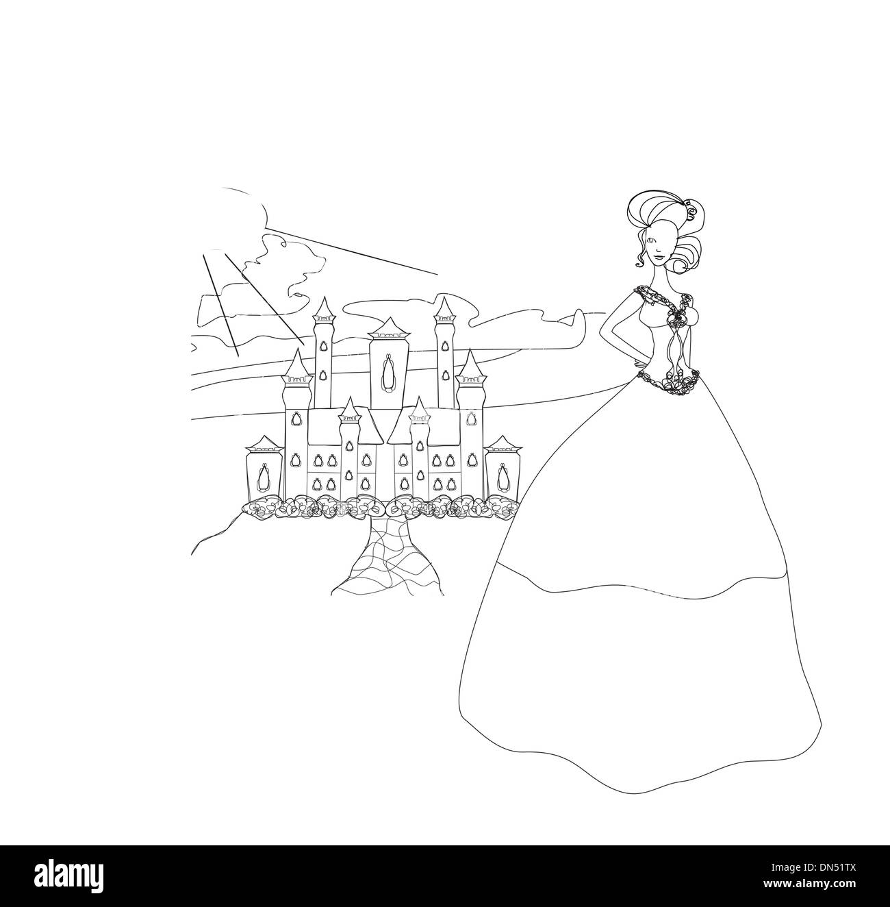 Beautiful young princess in front of her castle - doodle illust Stock Vector