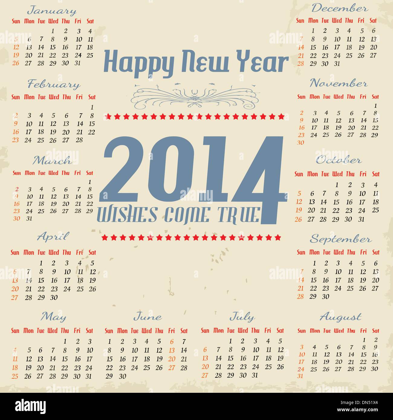 Vintage year 2014 calendar Stock Vector