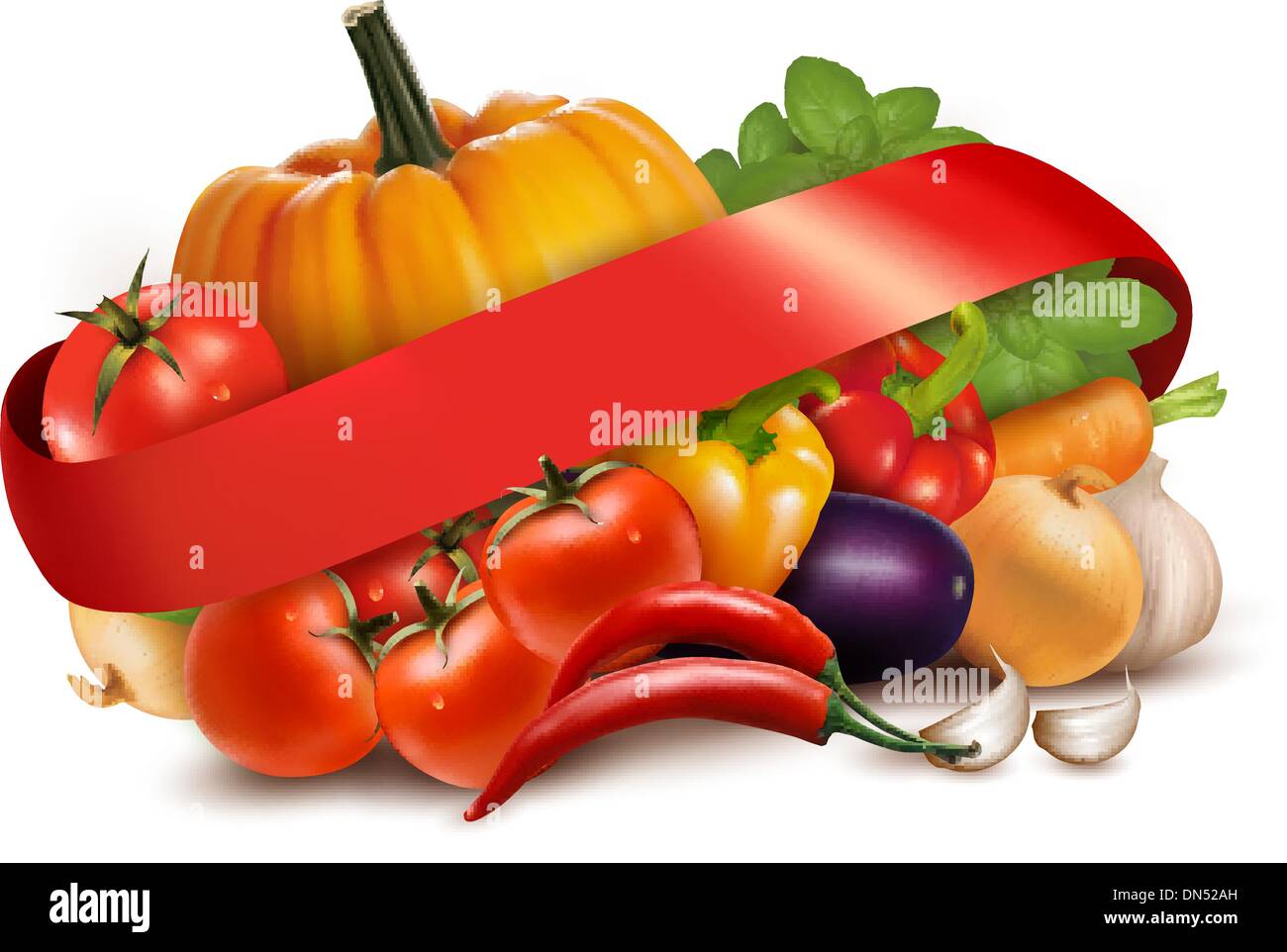 Background with fresh vegetables and red ribbon. Vector. Stock Vector