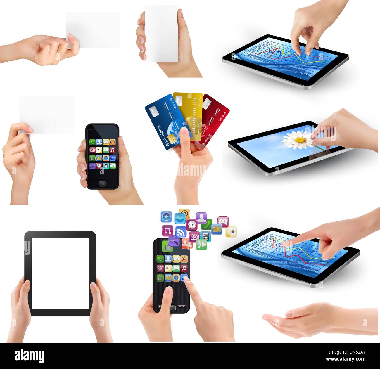 Set of hands holding different business objects. Vector illustra Stock Vector