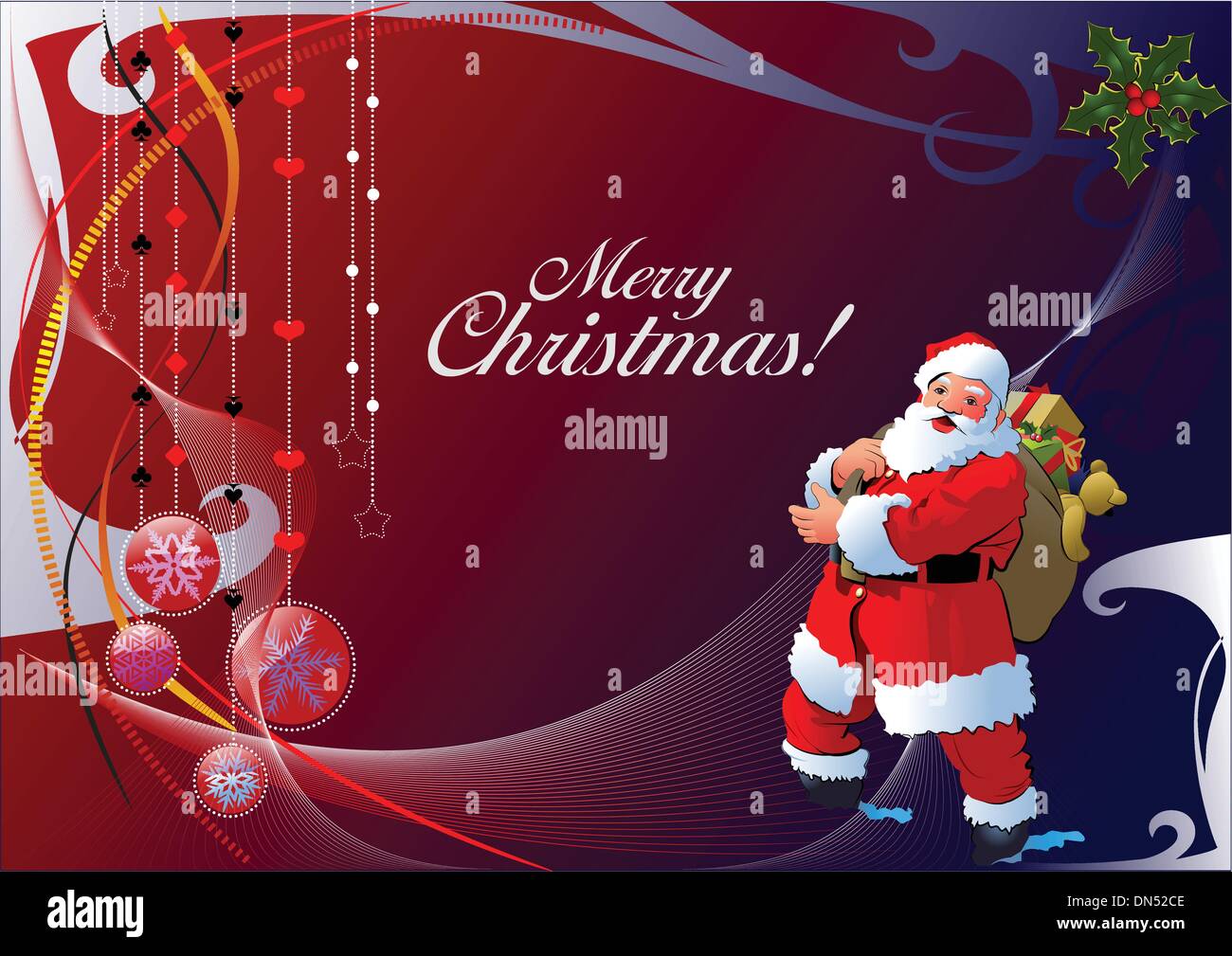 Christmas - New Year shine card with balls and Santa images. Stock Vector