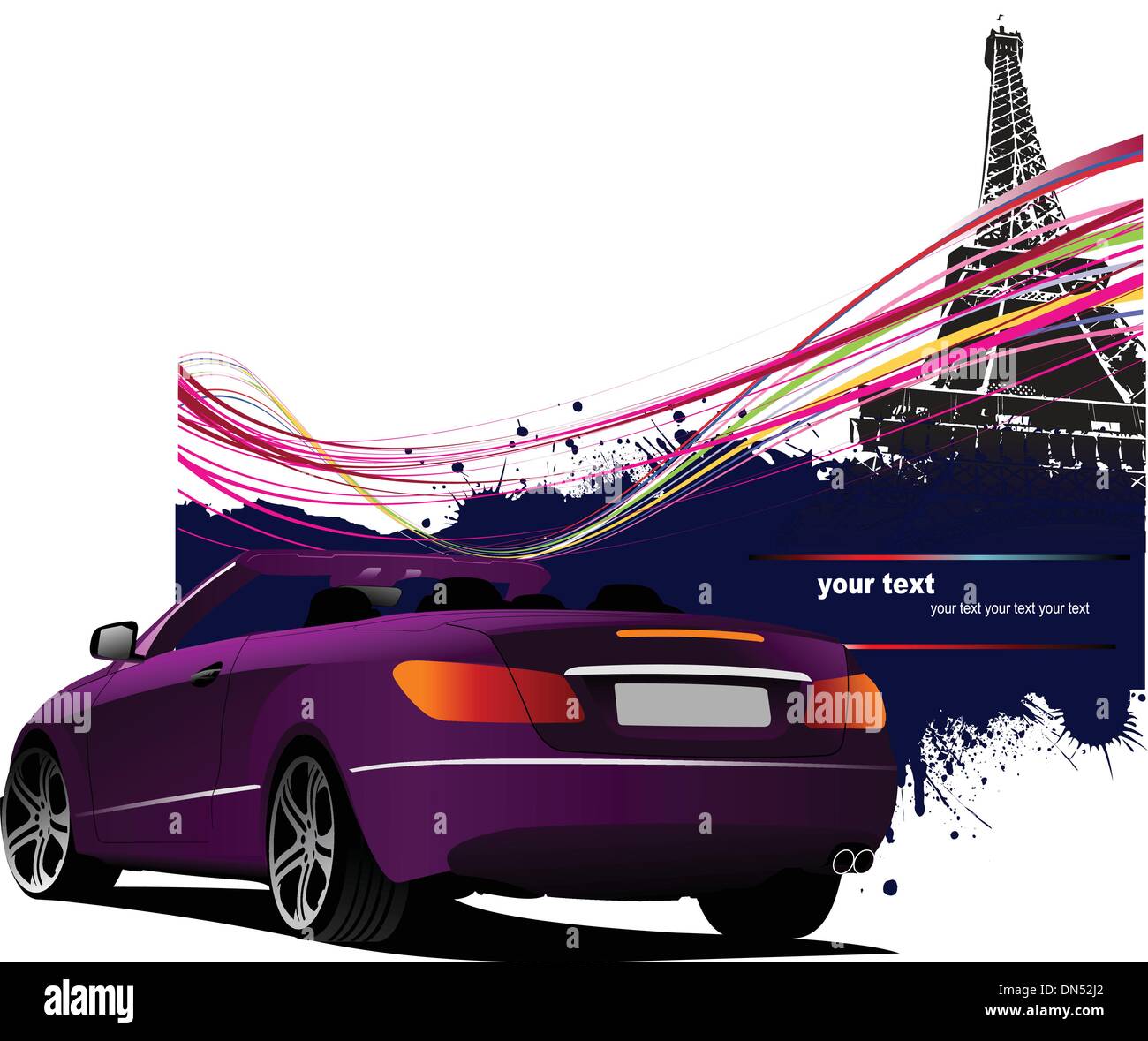 Purple cabriolet  car with Paris  image background. Stock Vector