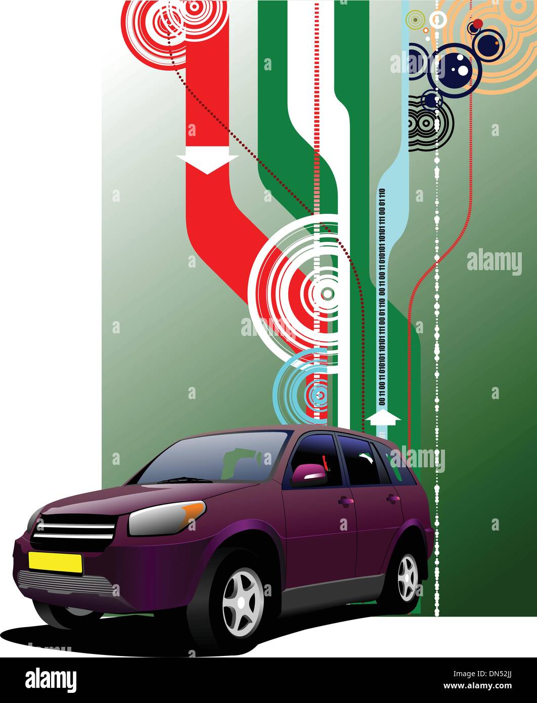 Cover for brochure with purple mini-van on the road. Vector illu Stock Vector