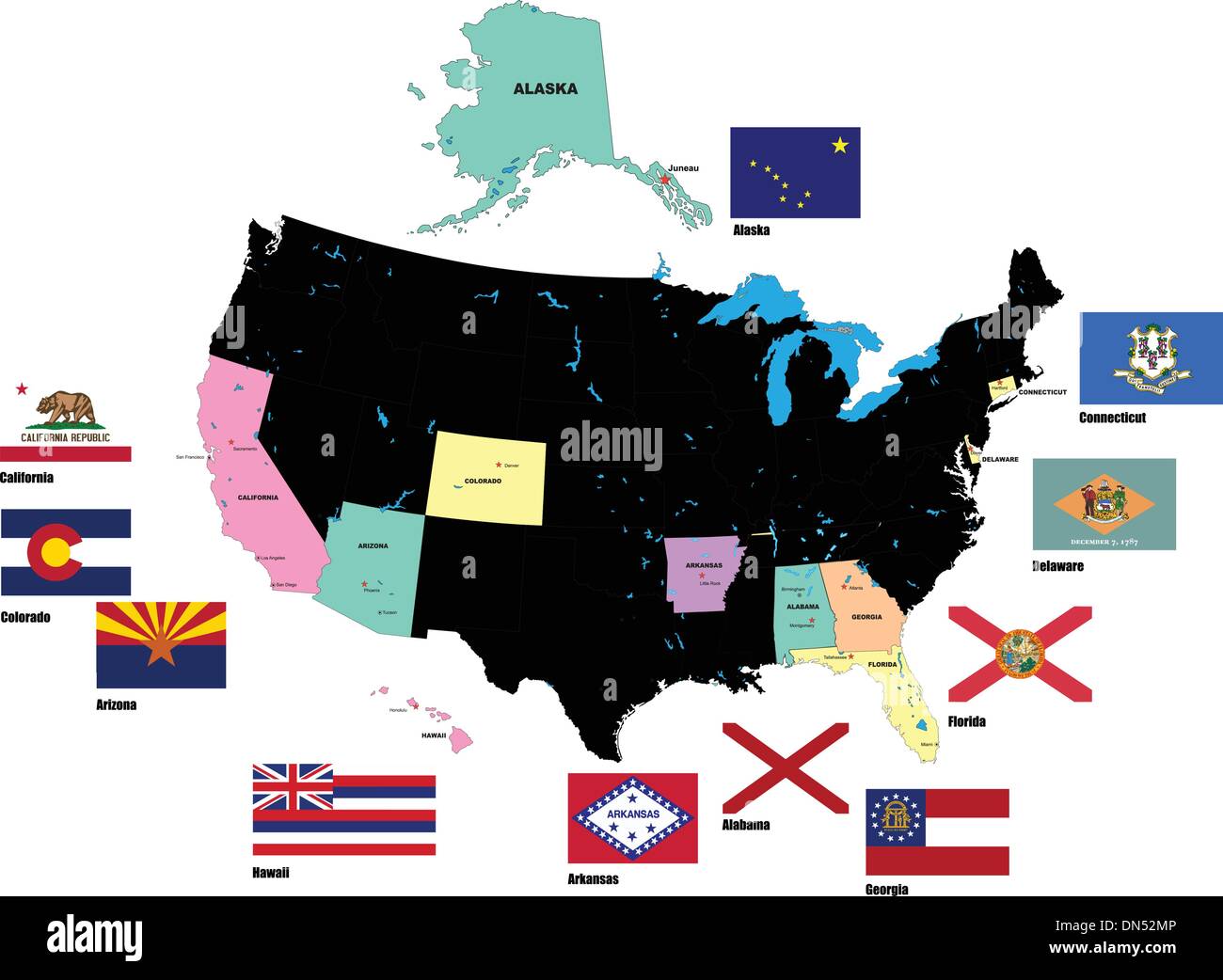 Flags of the USA states by alphabet. Letters AH. Vector illustr Stock