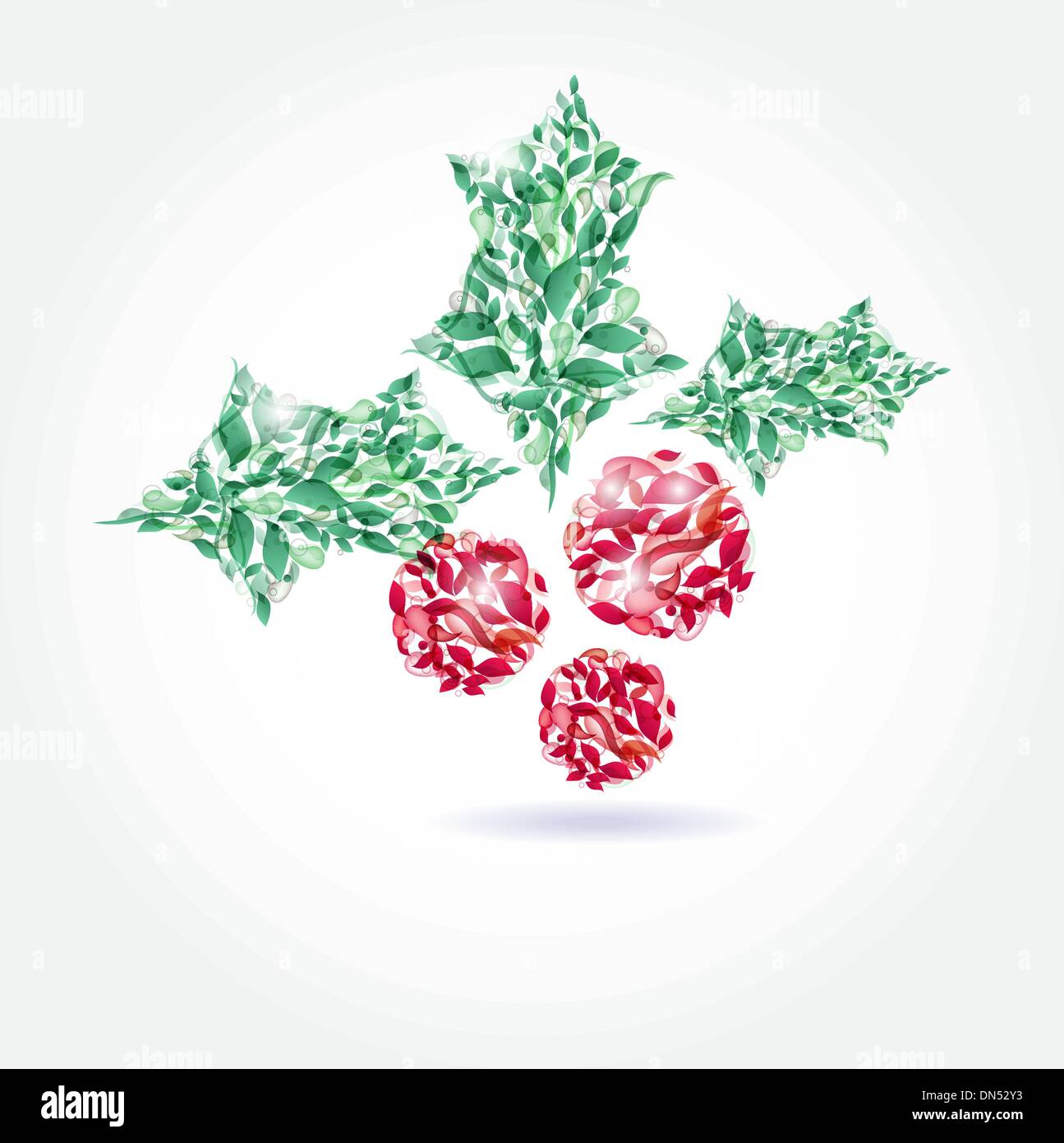 Christmas background with holly berry leaves on dark green background