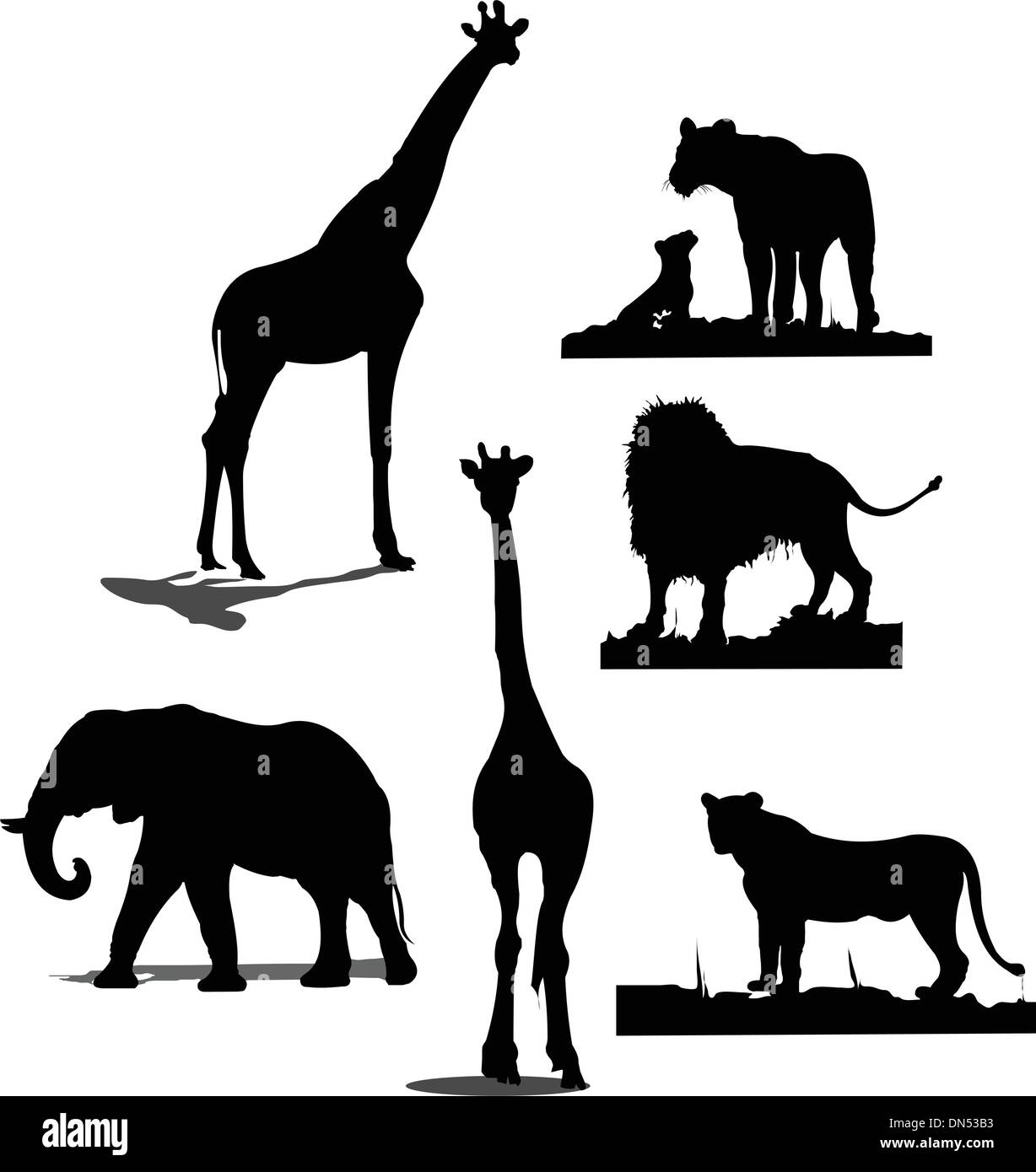 African animal silhouettes. Black and white silhouettes Stock Vector