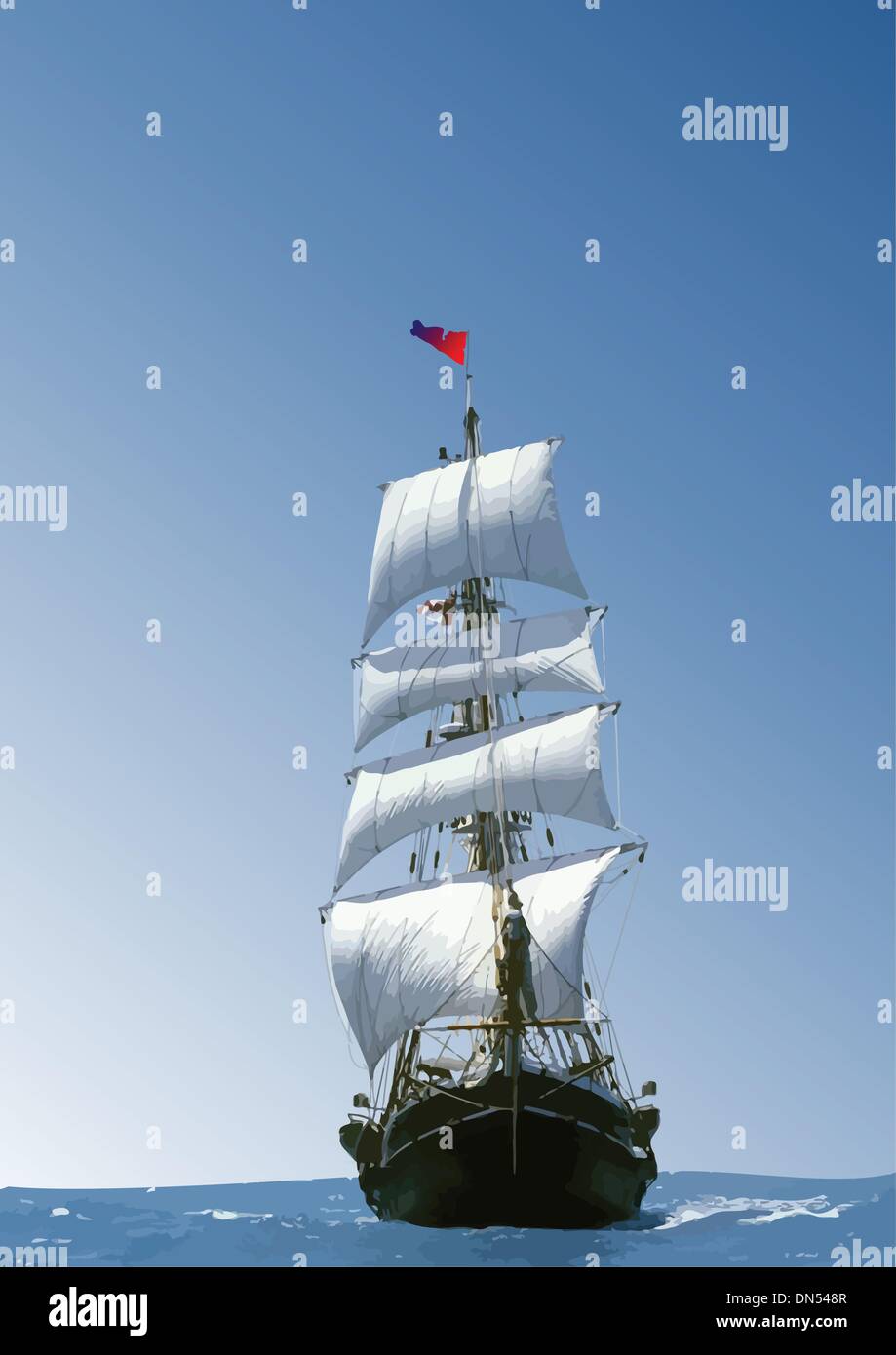 Marine background with sailing vessel. Vector illustration Stock Vector