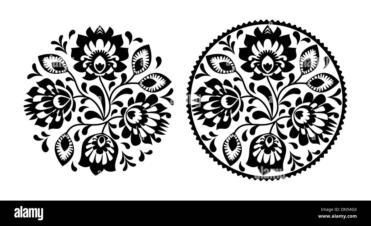Folk embroidery with flowers - traditional polish round pattern in monochrome Stock Vector