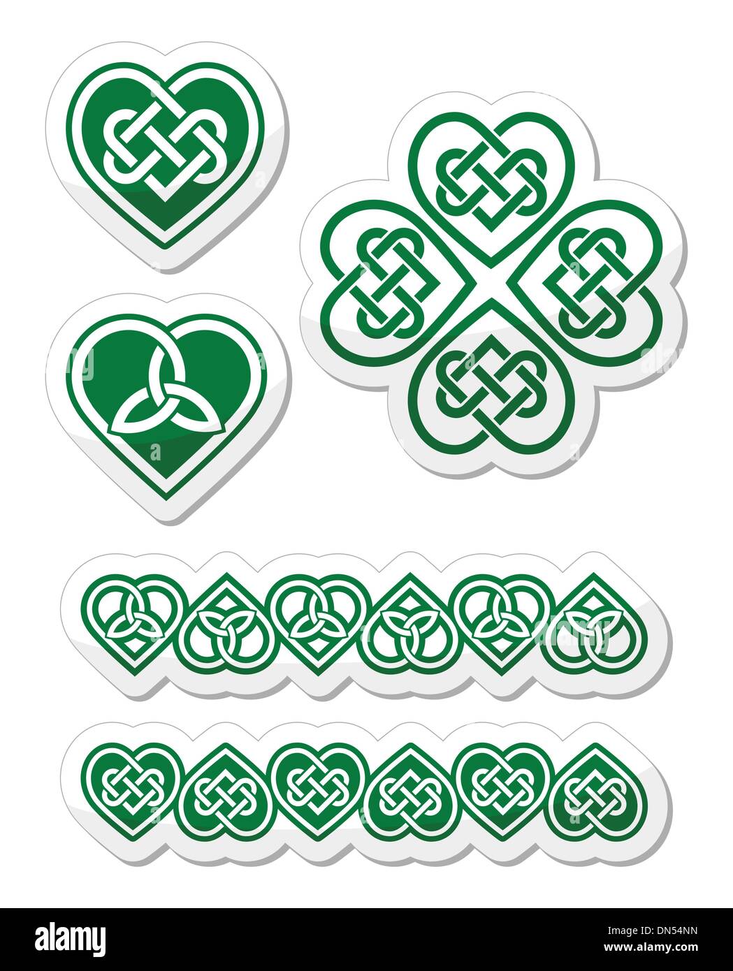 Celtic green heart knot - vector symbols set Stock Vector
