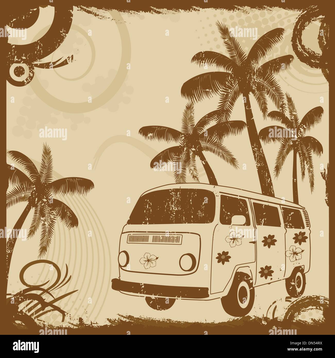 Vintage flyer with old fashion bus and palms Stock Vector