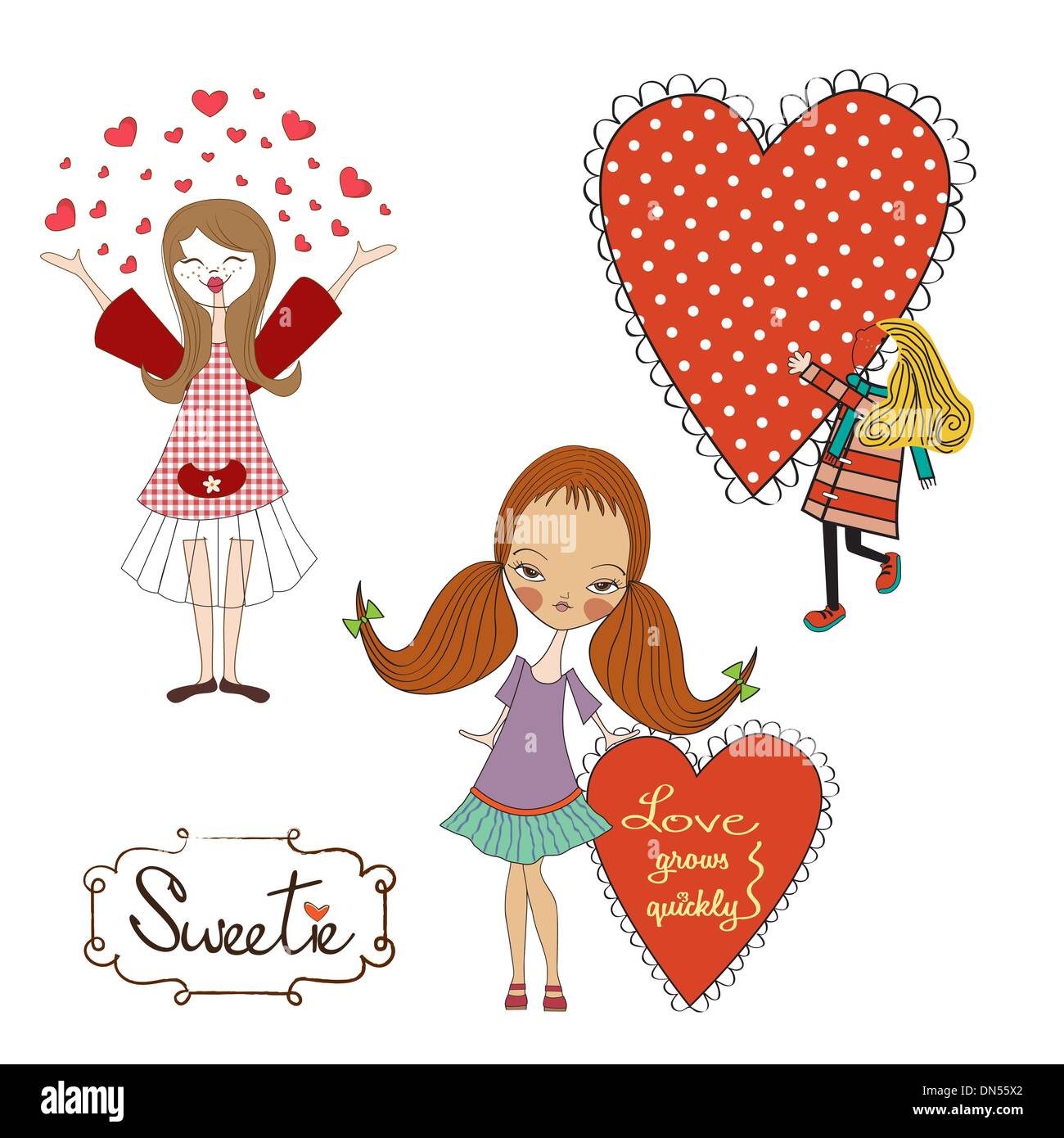 Set of three girls in love isolated on white background Stock Vector