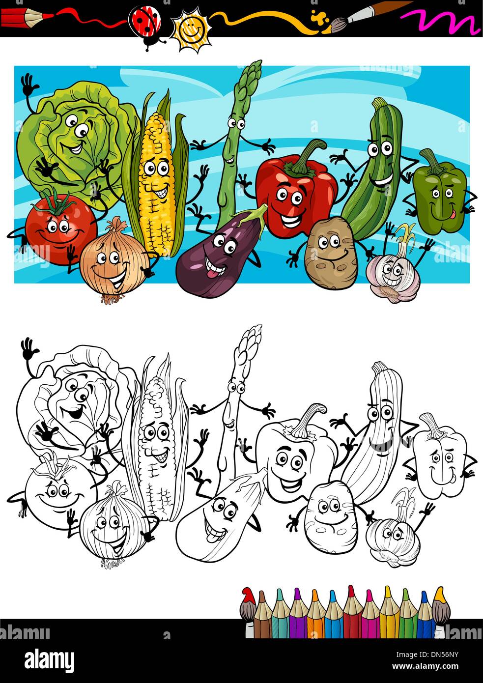 comic vegetables cartoon for coloring book Stock Vector