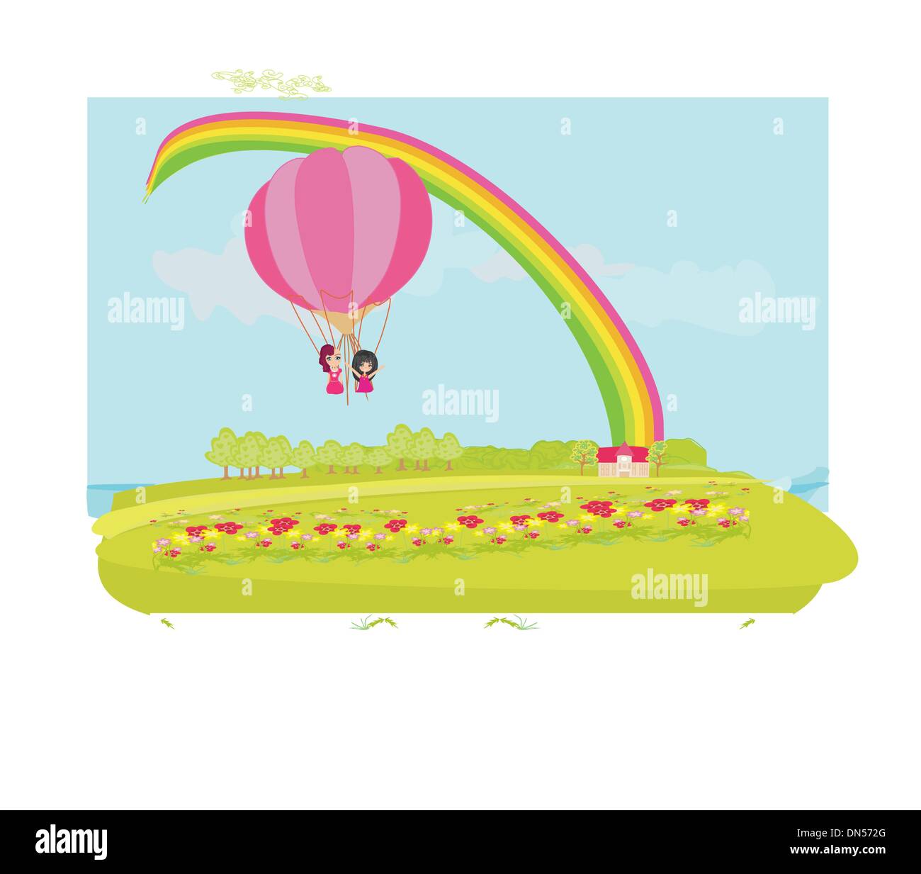 kids in an air balloon and beautiful country landscape Stock Vector