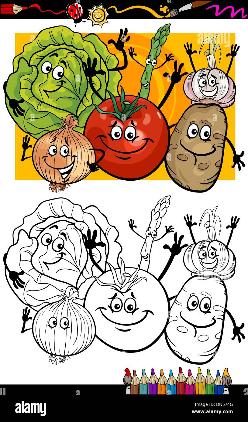 vegetables group cartoon for coloring book Stock Vector