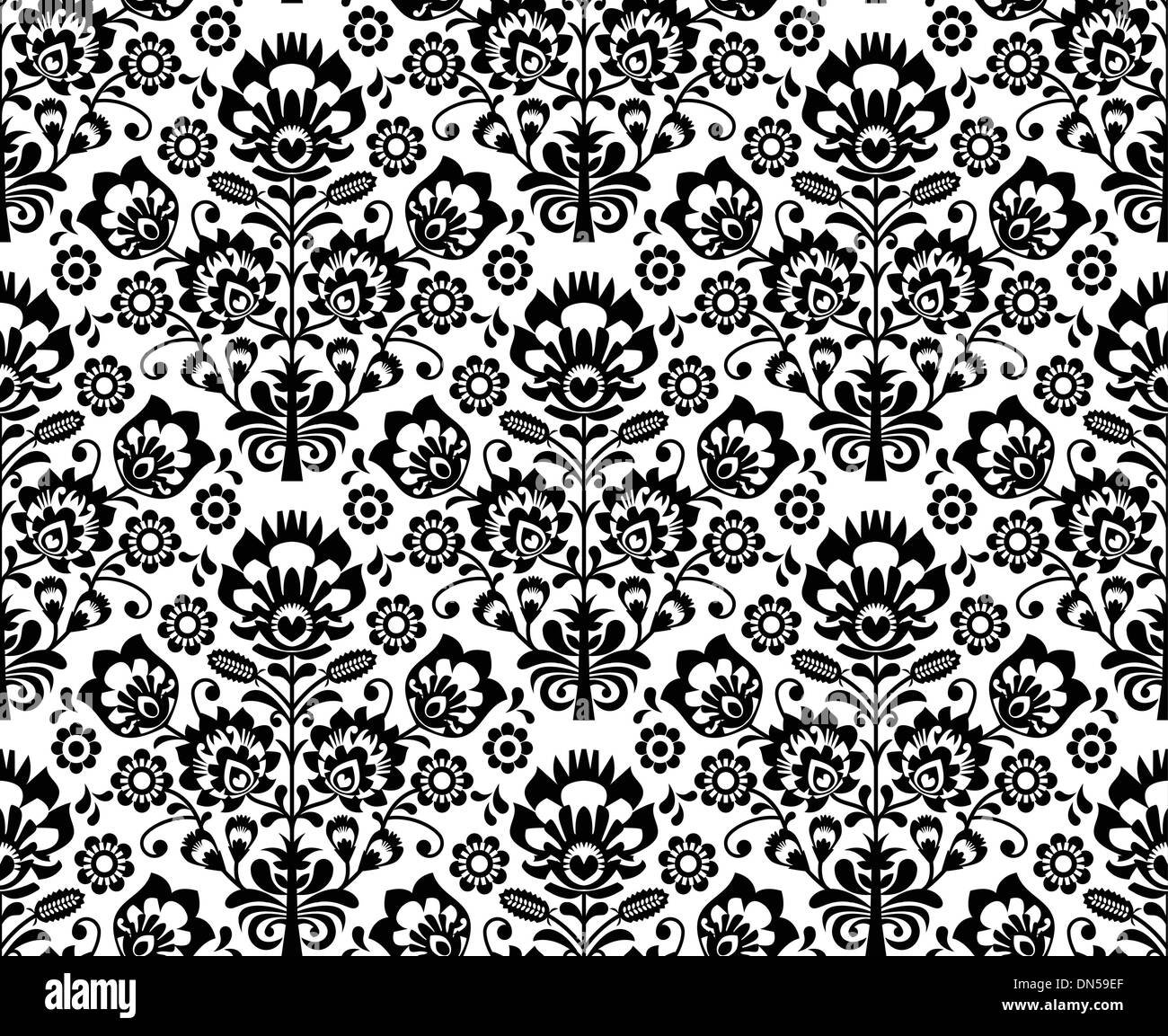 Seamless floral polish pattern - ethnic background in black and white Stock Vector