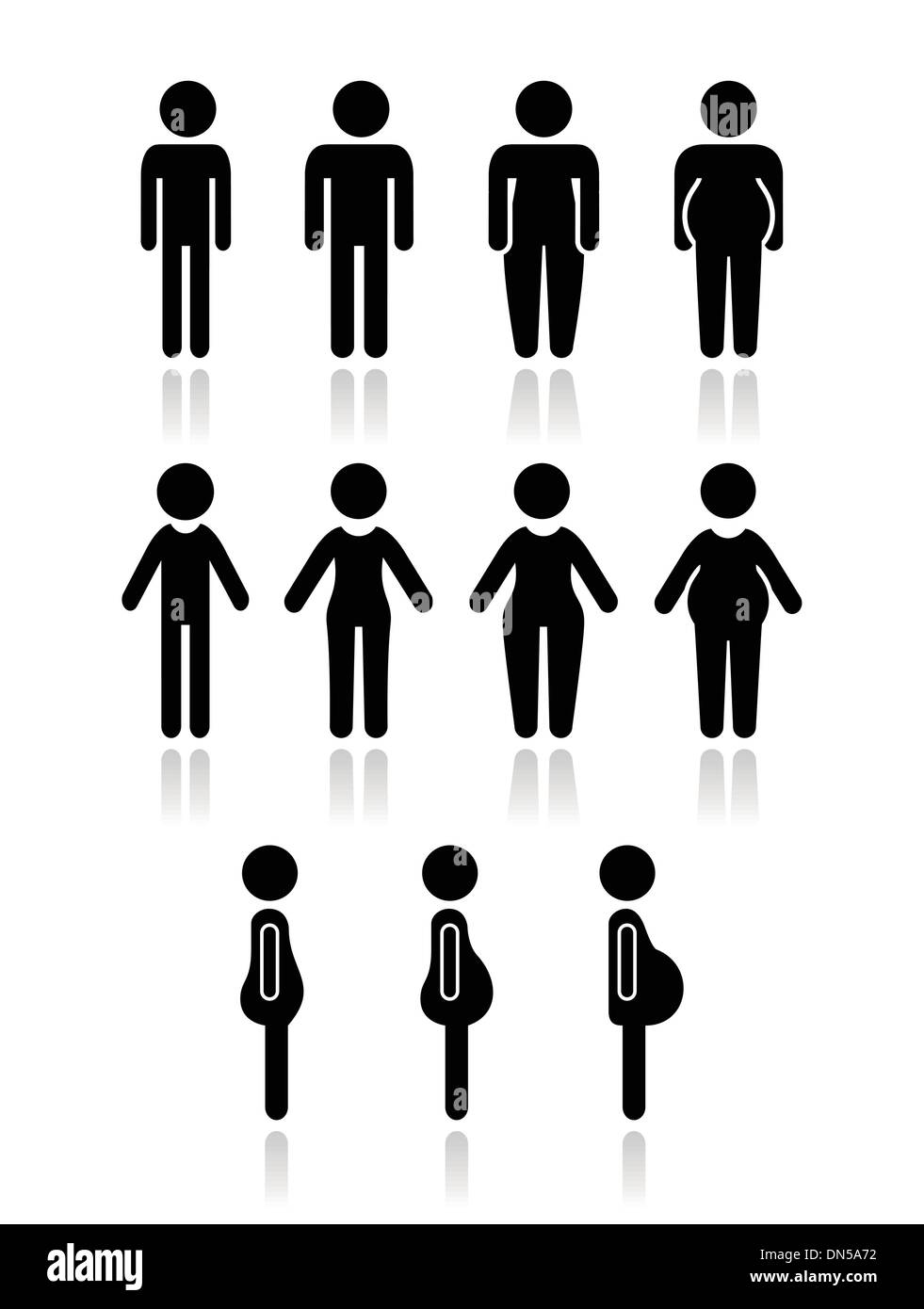 Man and women body type icons - slim, fat, obese, thin, Stock Vector