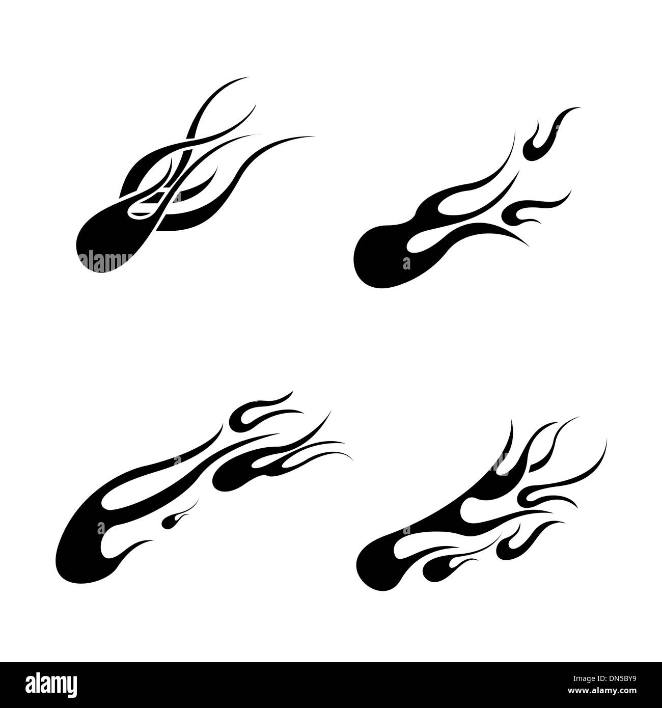 set of black tattoos in the form of tongues of fire on a white background Stock Vector