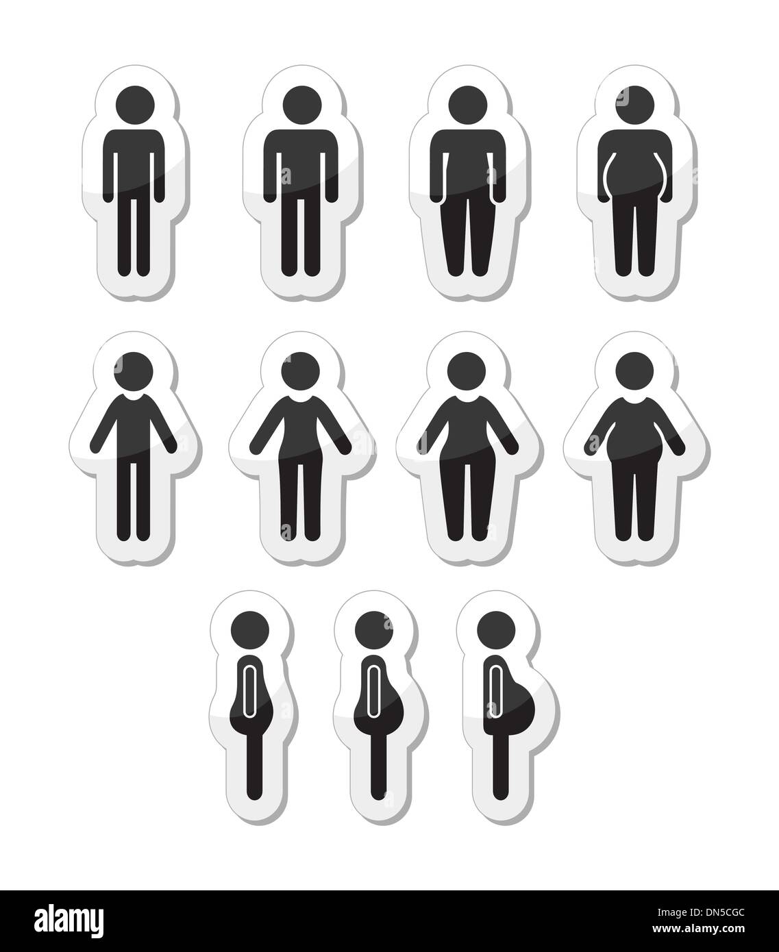 Man and women body icons - slim, fat, obese, thin Stock Vector