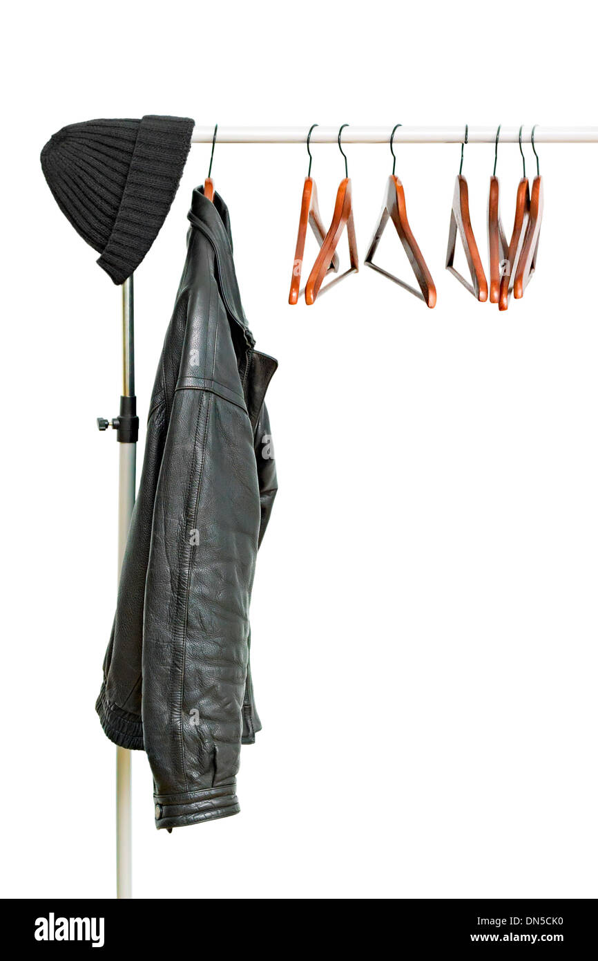 black leather jacket on a hanger isolated on white background Stock