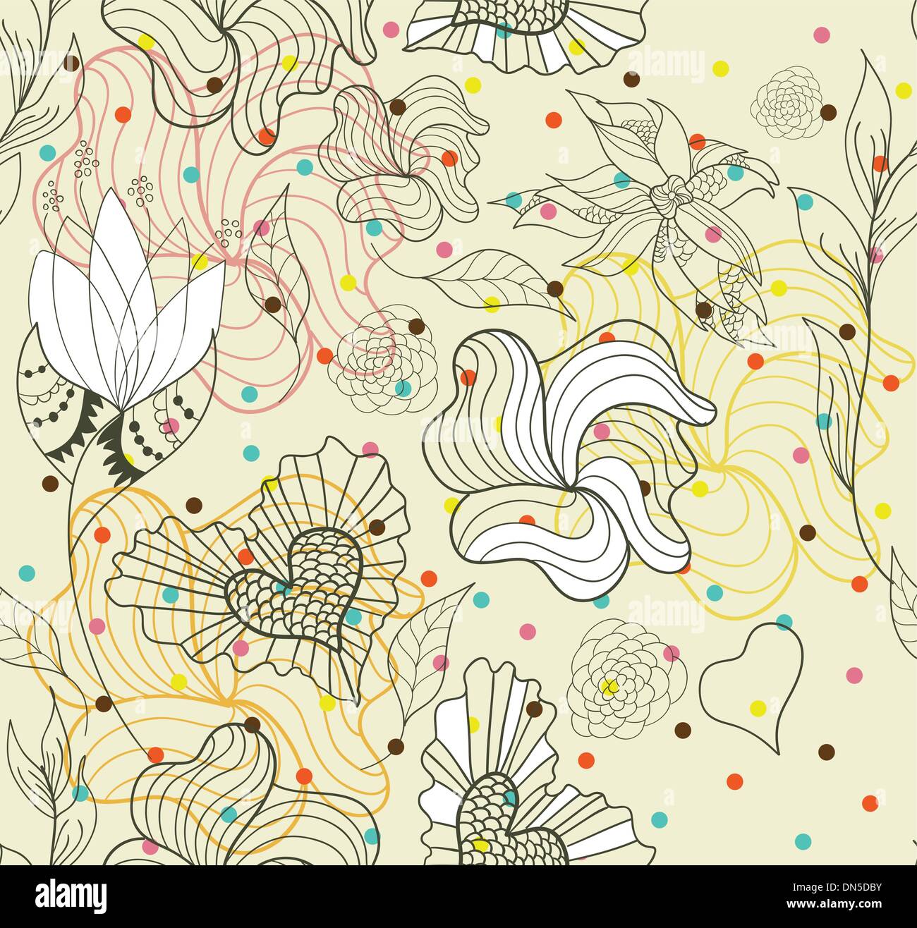Abstract seamless doodle flowers and hearts pattern with dots Stock Vector