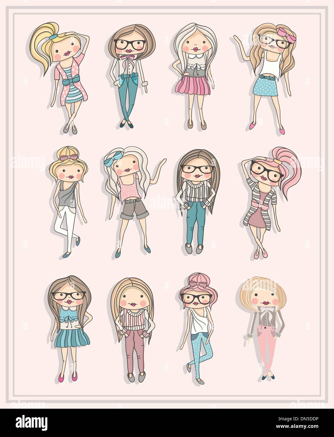 Cartoon girls. Fashion children. Set of cute girls Stock Vector Image ...