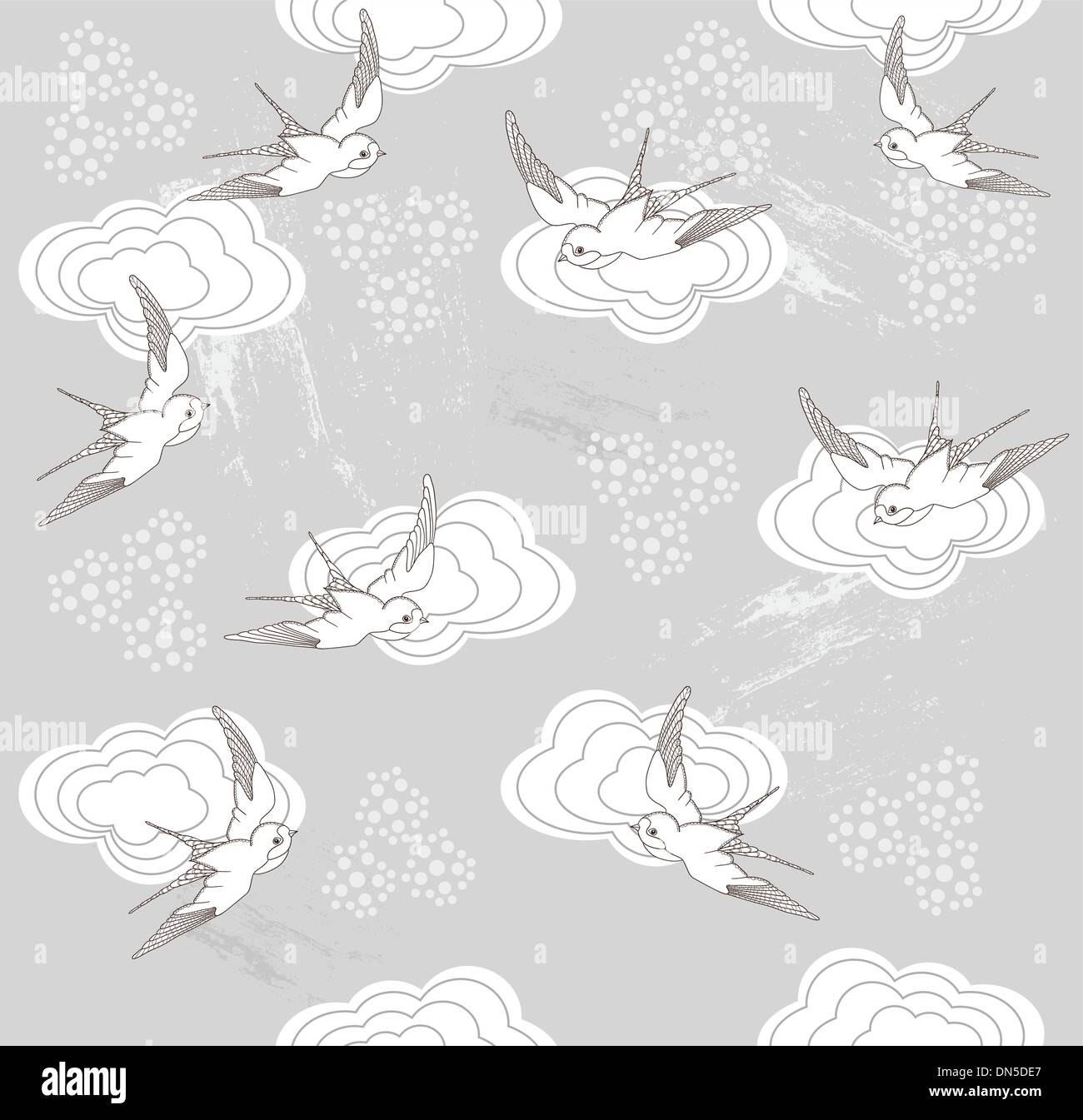 Cute seamless swallow and cloud pattern Stock Vector