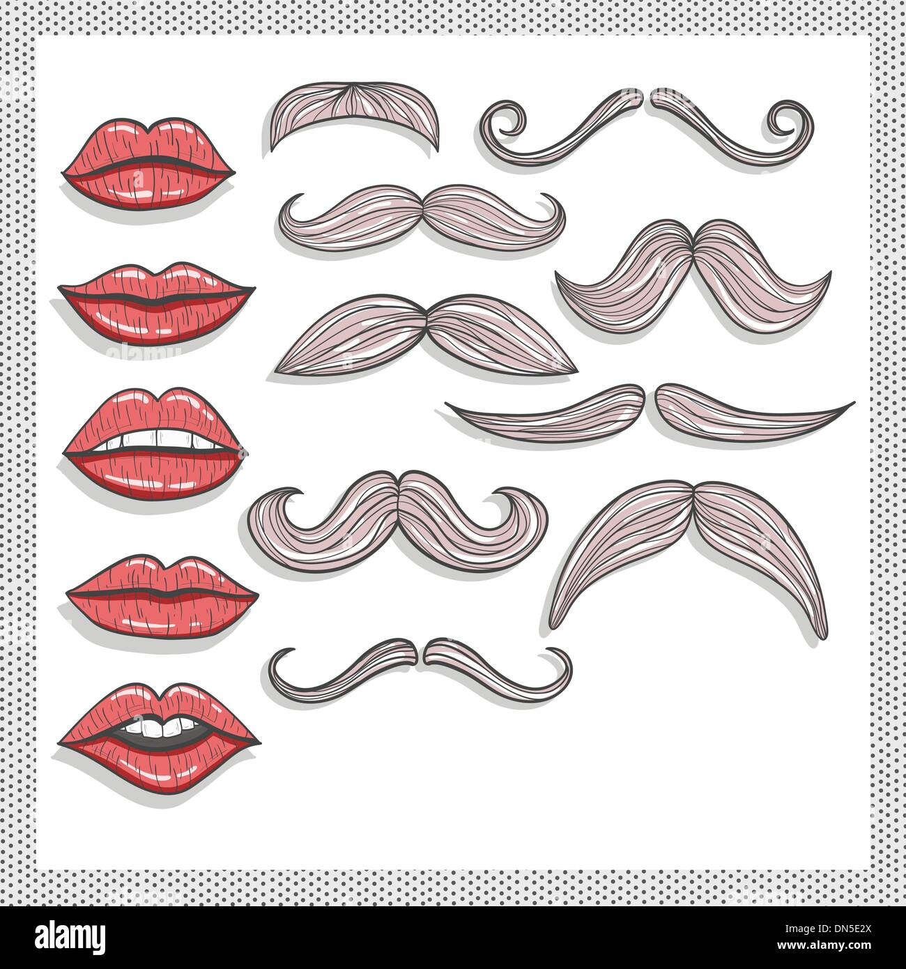Retro lips and mustaches elements set Stock Vector