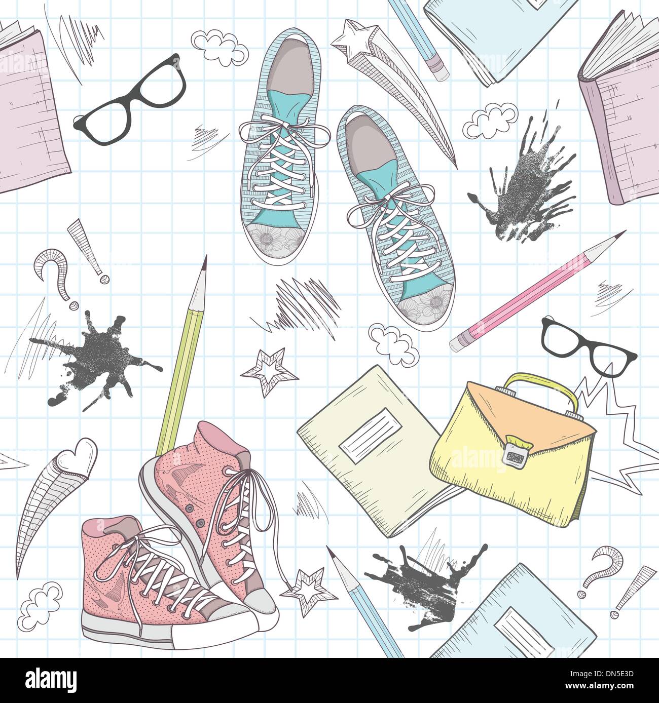 Cute school abstract pattern. Seamless pattern with shoes, bags, Stock Vector
