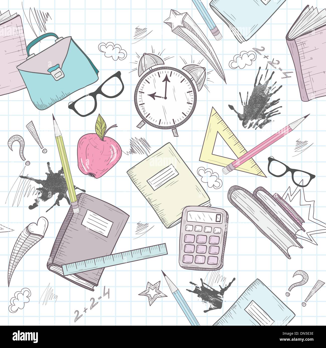 Cute school abstract pattern. Seamless pattern with alarm clock, Stock Vector